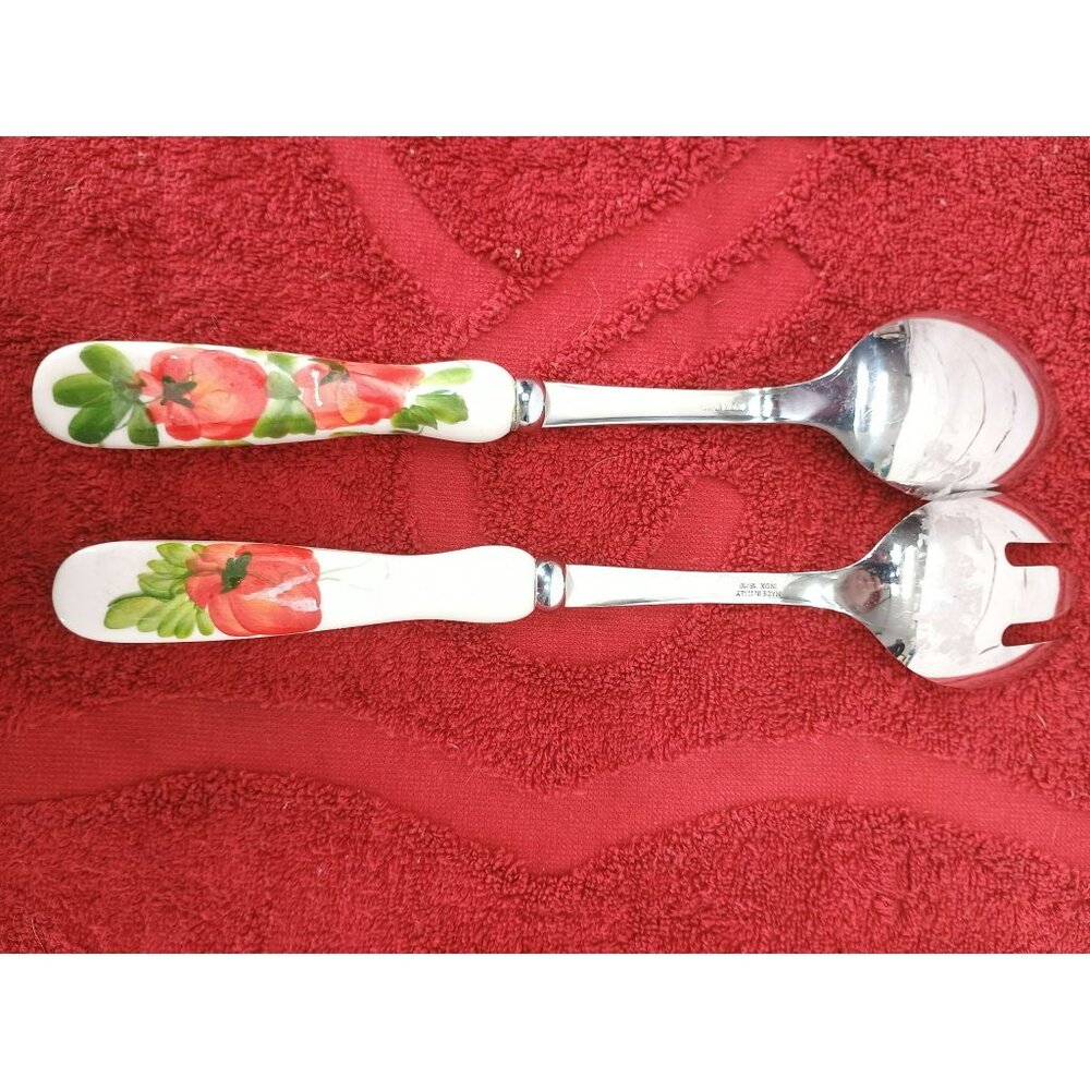 Vietril Lastra Poppy 2-Piece Stainless Steel Salad Serving Set Hand-Painted - Picture 6 of 7